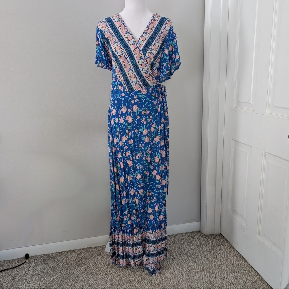 Zesica Floral Wrap Maxi Dress LARGE Cottagecore Boho Vacation Wedding Women